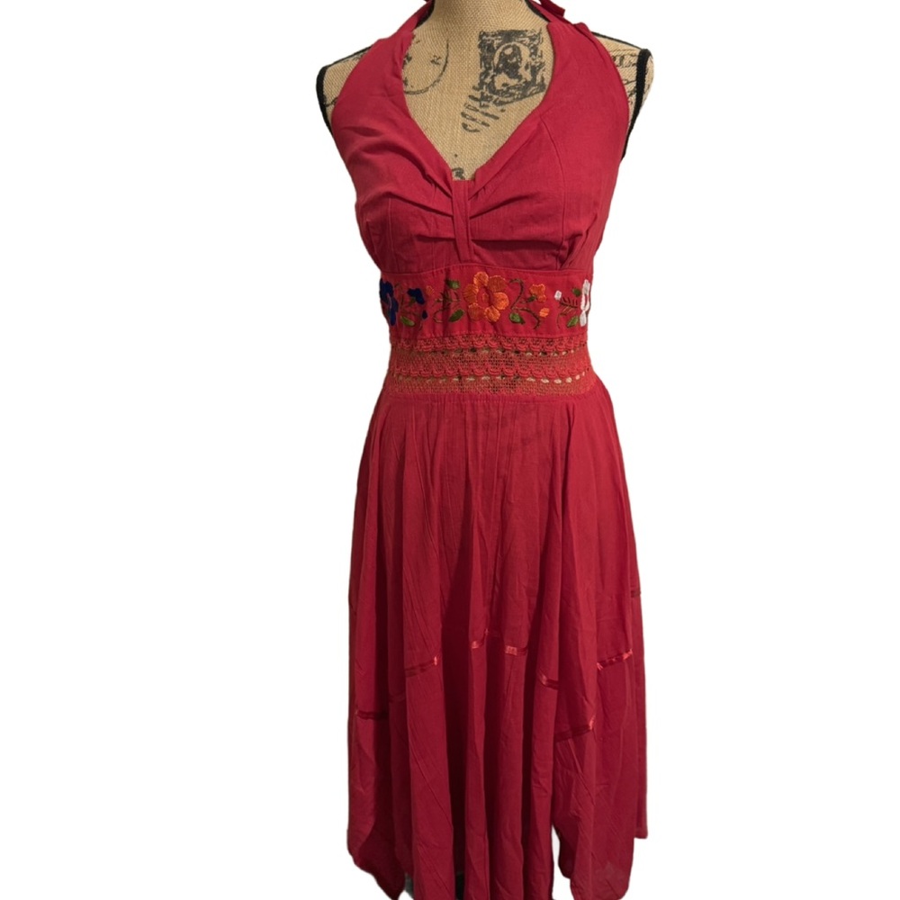 Elegant Red Halter Midi Dress with Floral Embroidery